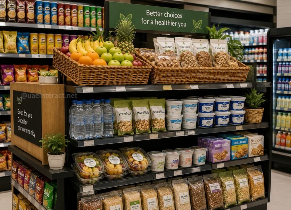 Abu Dhabi Gives Supermarkets Until January 1 to Remove Junk Food From Prime Display Areas - UAE Interact Market display with baskets of fruit, nuts in bags, and dairy/grains on dark shelves beneath a green sign that says 'Better choices for a healthier you' (informative/contextual).”,