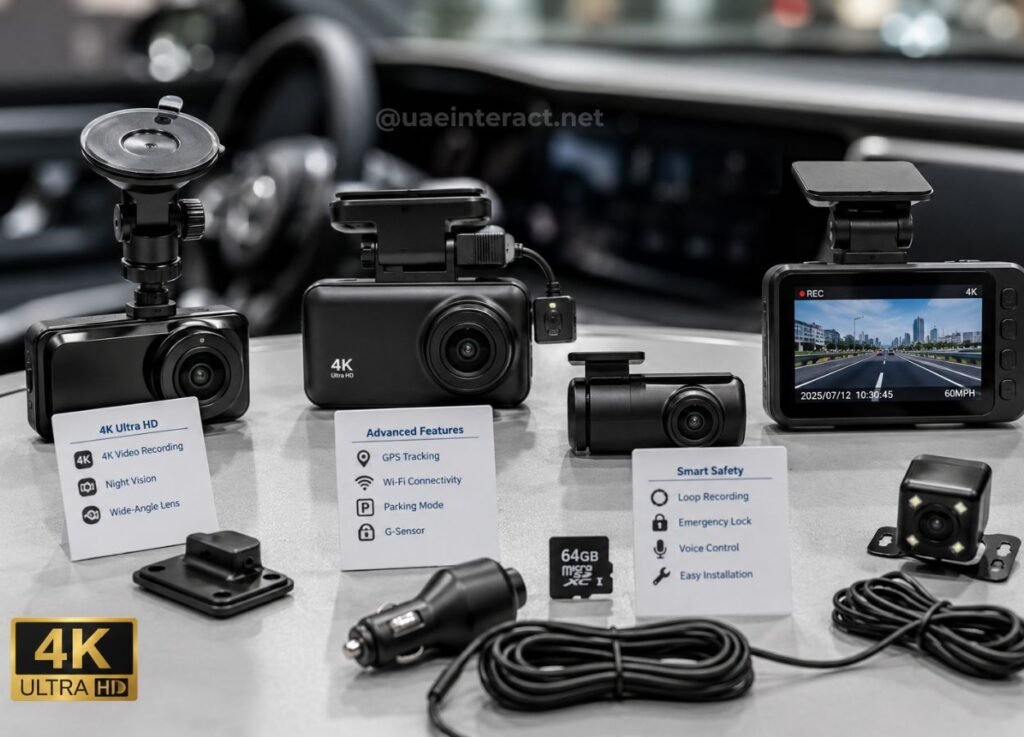 Setup of 4K dashboard cameras on a display table with feature cards and accessories in a showroom. The left card highlights 4K Ultra HD and night vision, zoom lens.