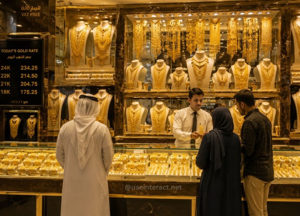 Gold jewelry shop window with multiple ornate necklaces and bracelets on busts; three customers and a salesman discuss a piece near the display glass.