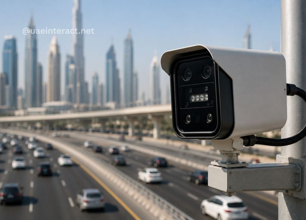 Dubai Police AI Traffic Fines Eight Offences Detected by Smart Radars 2 - UAE Interact Close-up of a gray traffic surveillance camera mounted on a pole overlooking a busy multi-lane highway with a blurred city skyline in the background.