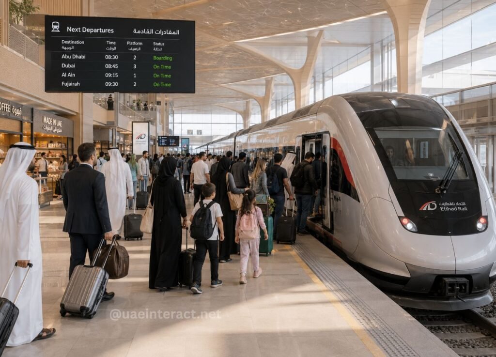 One Month of Etihad Rail How the Project Is Transforming Travel Tourism and the UAE Economy - UAE Interact Busy train station platform with a sleek white Etihad Rail train and passengers boarding, visible departure board overhead (Arabic/English).