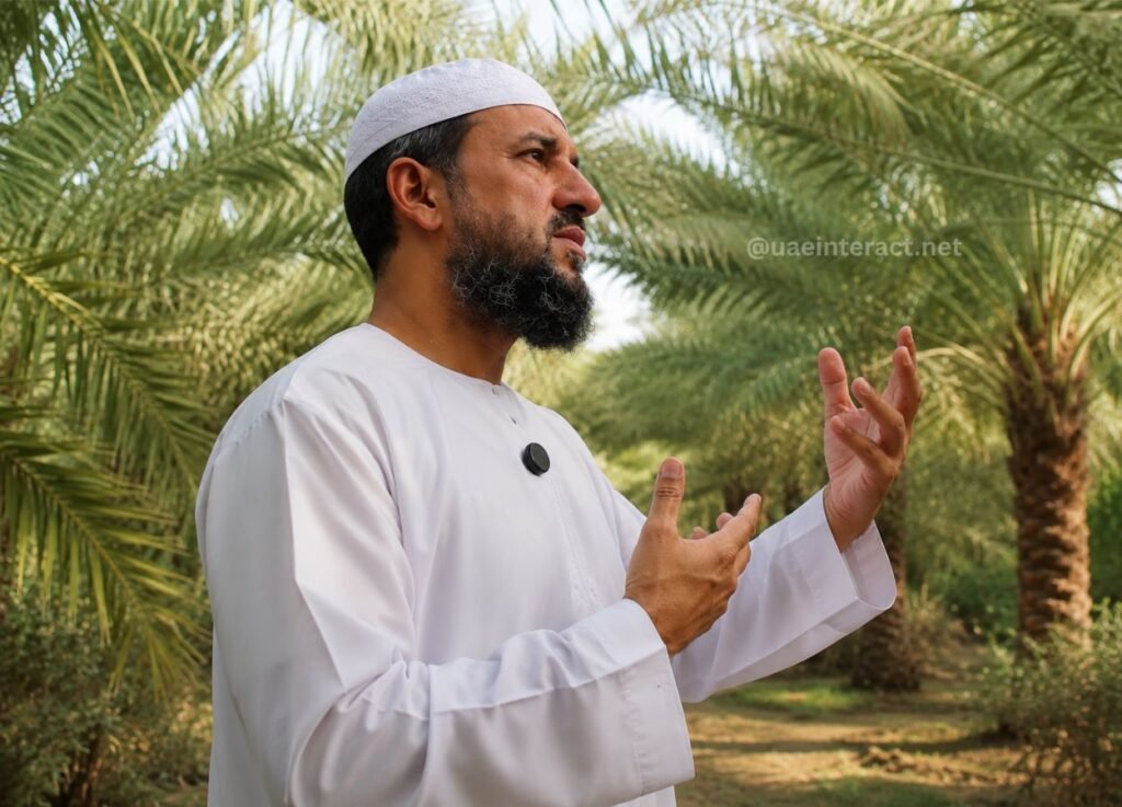 Man wearing a white traditional outfit and cap speaks with animated hand gestures outdoors among palm trees.