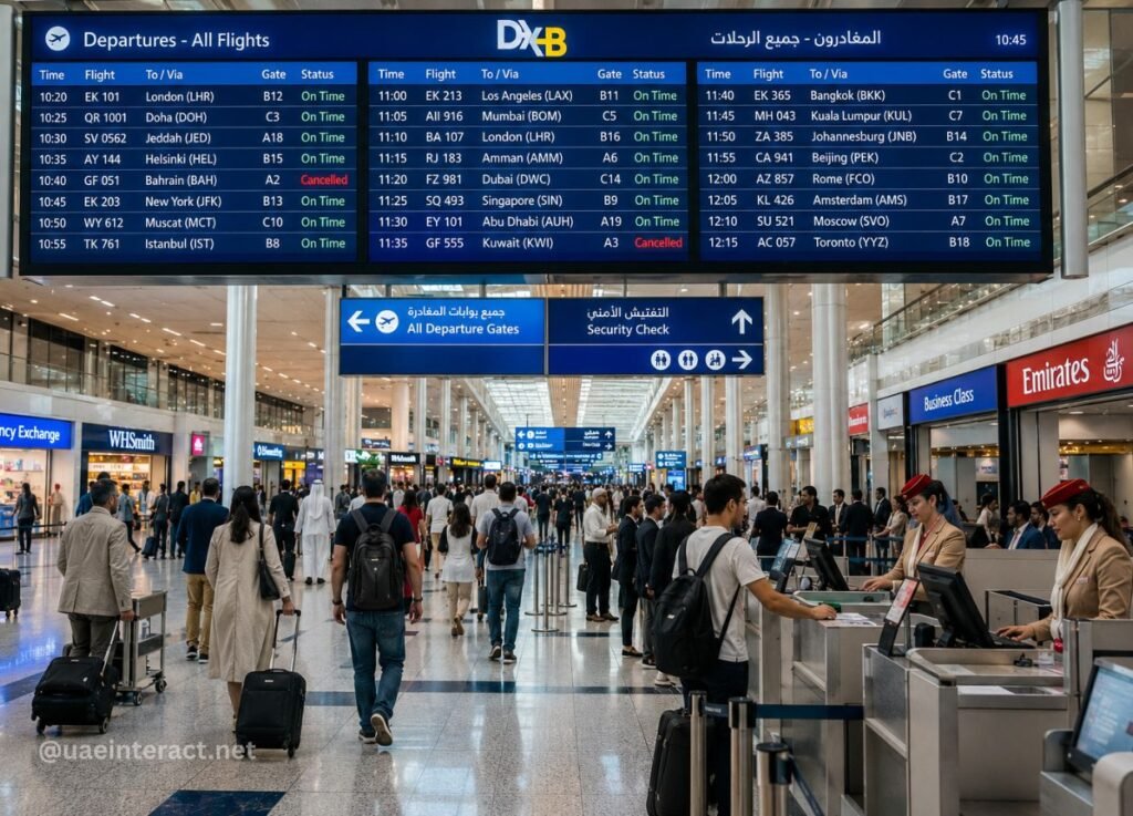 Busy airport terminal with a large digital departures board overhead showing flight info; travelers with luggage walk toward check-in desks.