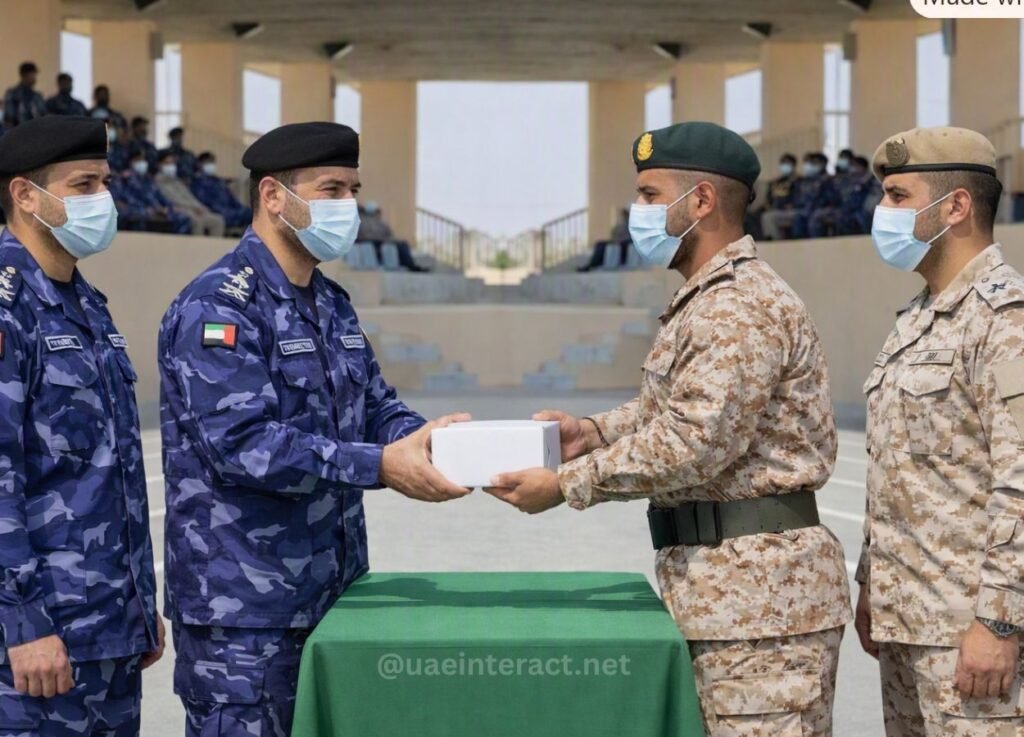 - UAE Interact Military personnel in blue camo and desert uniforms exchange a white box during a ceremony, all wearing masks; onlookers seated in the background.