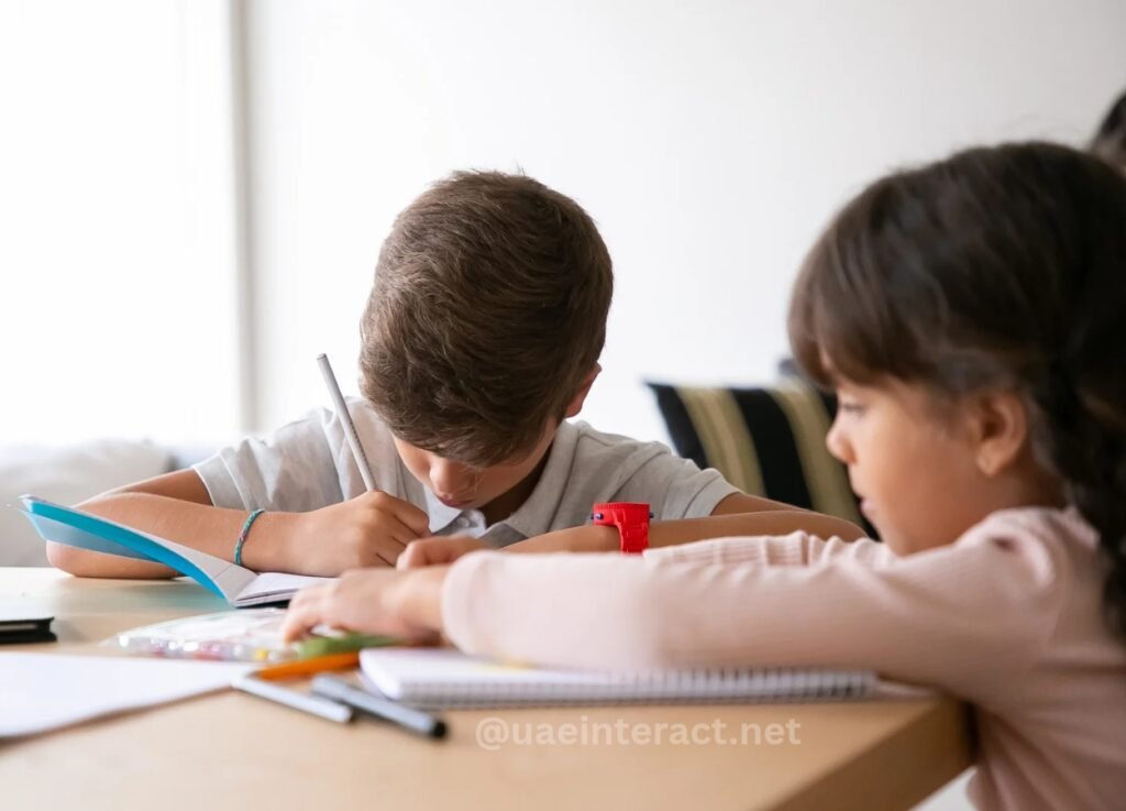 Two children study at a desk: a boy writes in a notebook while a girl sits beside him, also focused on her work.