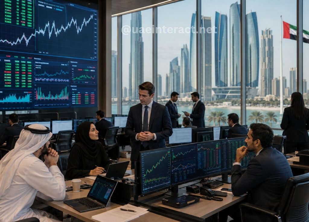 Traders in a modern trading room with multiple screens showing stock charts and a city skyline outside.]','Traders and analysts work at desks with large monitors displaying financial data in a bright office.