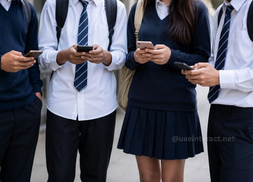 Group of students in uniform standing outdoors, each looking at a smartphone.