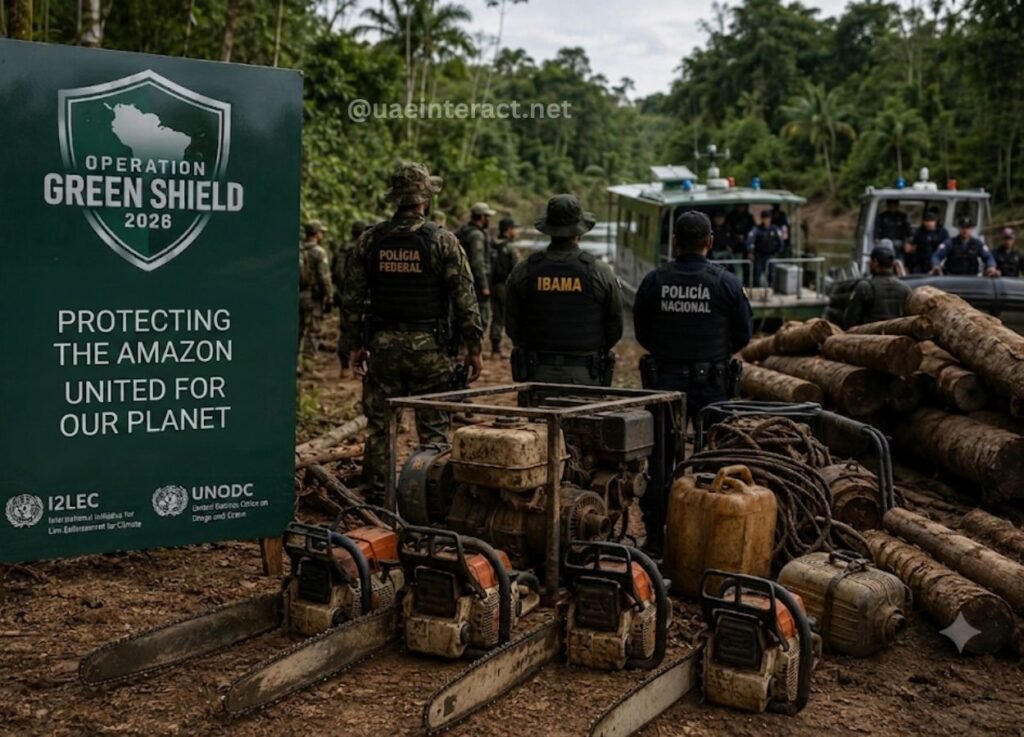 Uniformed officers from Federal Police and Ibama stand guard beside a logging site with chainsaws and equipment, near a banner that reads 'Operation Green Shield 2026' protecting the Amazon.