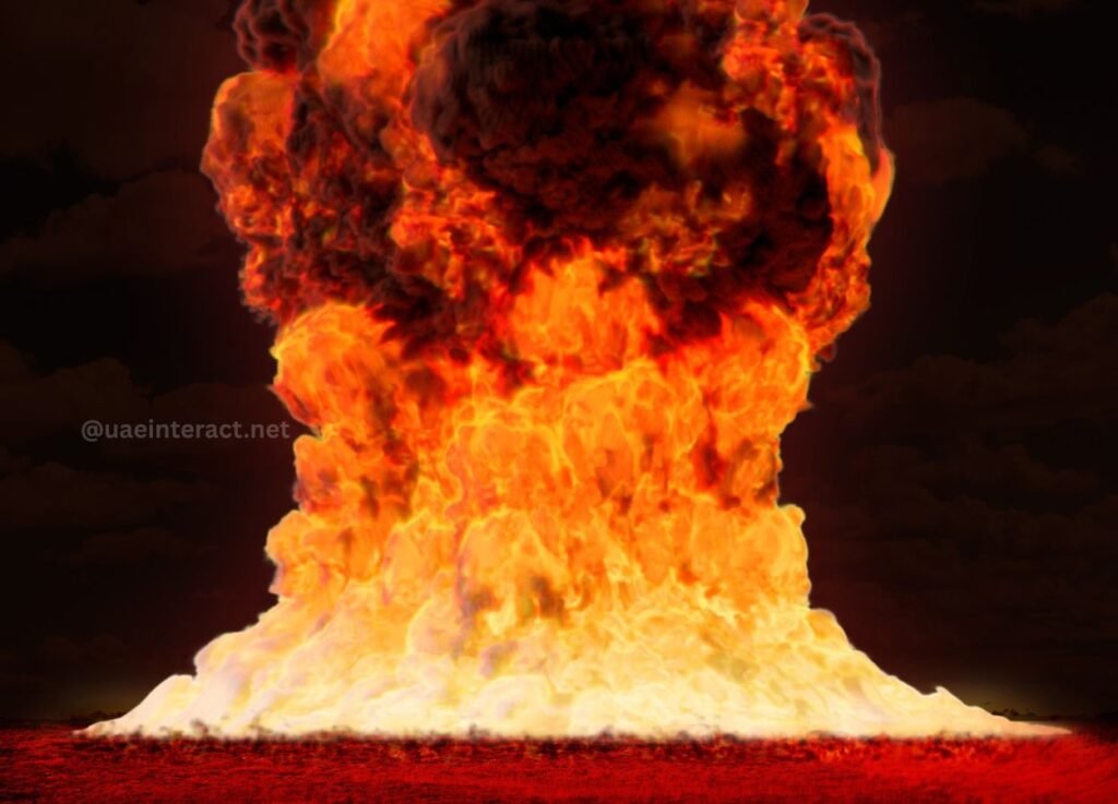 19 - UAE Interact Massive mushroom cloud from a fiery explosion over the ocean at night. (watermark: @uaeinteract.net)