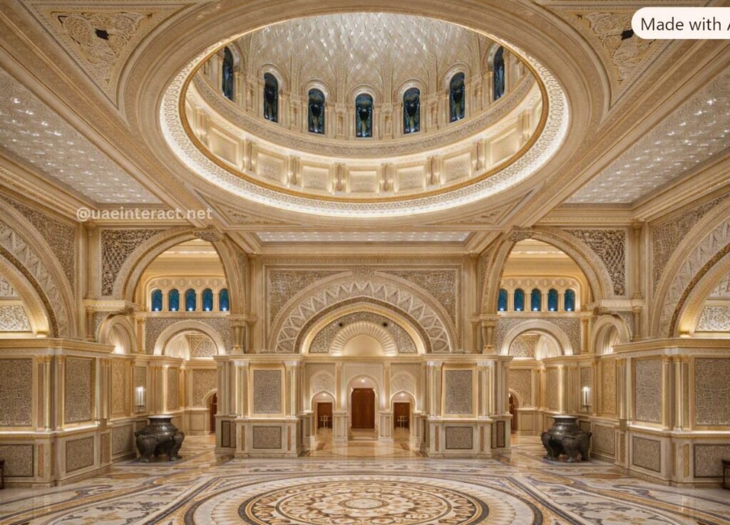 21 - UAE Interact Opulent beige-and-gold marble lobby with arched doorways, intricate carvings, and a large circular domed skylight above a detailed mosaic floor.