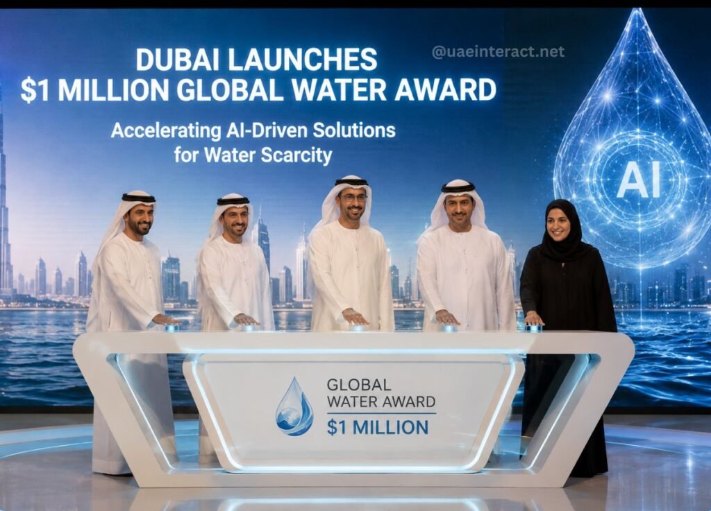23 - UAE Interact Five people in traditional Emirati dress stand at a futuristic podium on a stage announcing the alt=