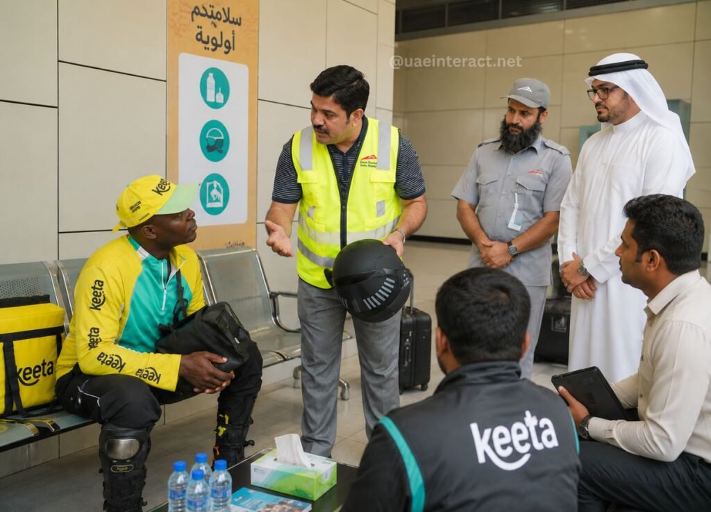 Man in a neon safety vest talks to a seated cyclist in a yellow and teal Keeta uniform, who is holding a helmet in a tiled airport or transit area with onlookers nearby.