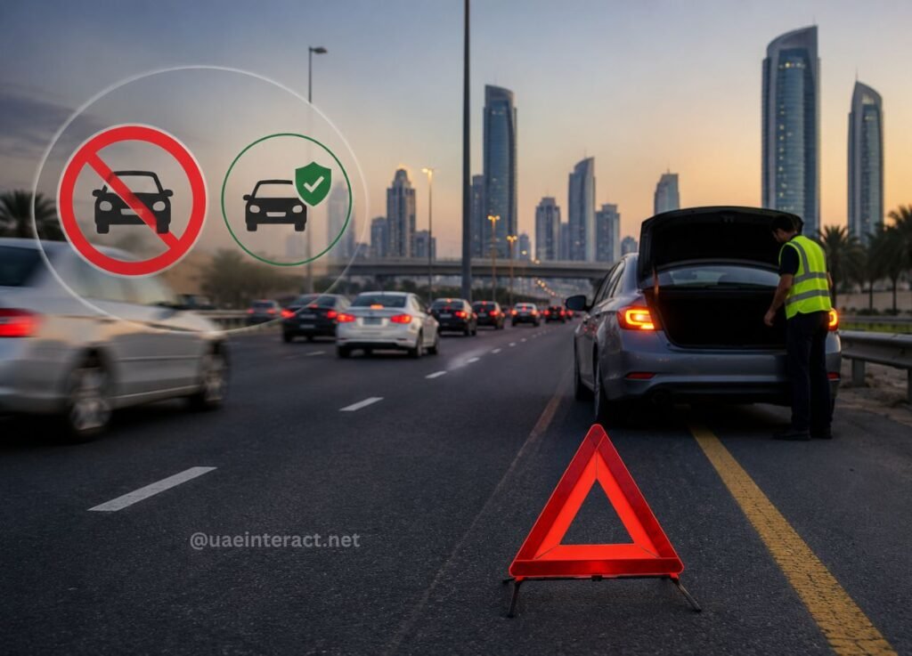 26 - UAE Interact Highway scene at dusk with a parked car, warning triangle on the road, and a worker in a reflective vest beside the trunk; city skyline in the background.