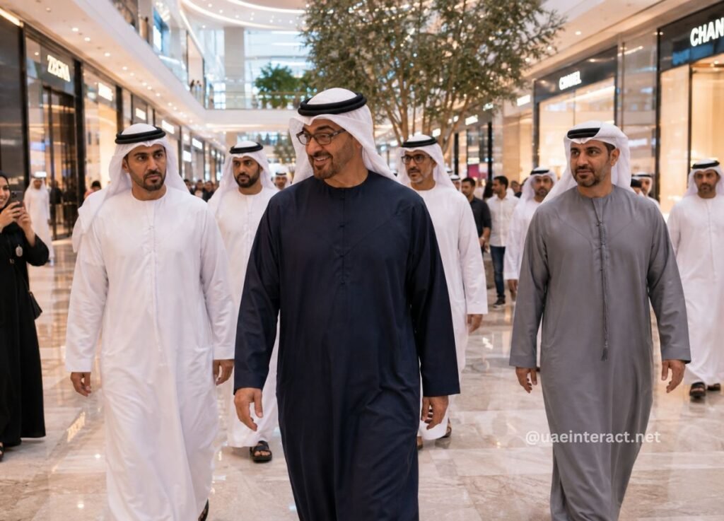 Group of Arab men in white kanduras walking through a luxury mall.