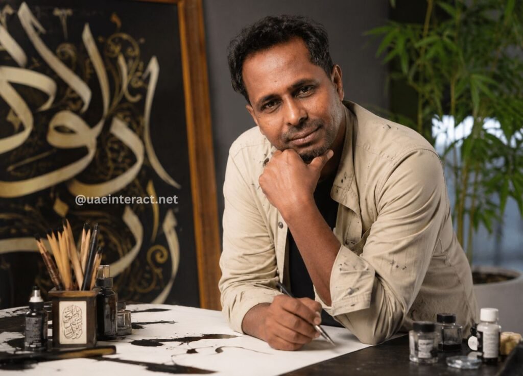 Portrait of a man in a beige shirt leaning on his hand at a cluttered art desk with ink bottles and brushes, a large calligraphic artwork in the background.