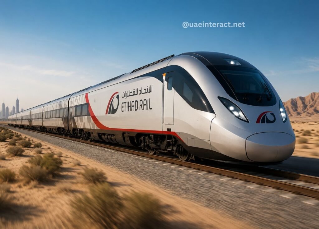 Etihad Rail high-speed train traveling through a sandy desert with a distant city skyline in the background.