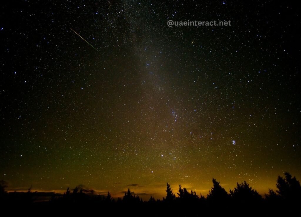 Night sky filled with stars over a dark treeline, with a colorful meteor streak across the sky