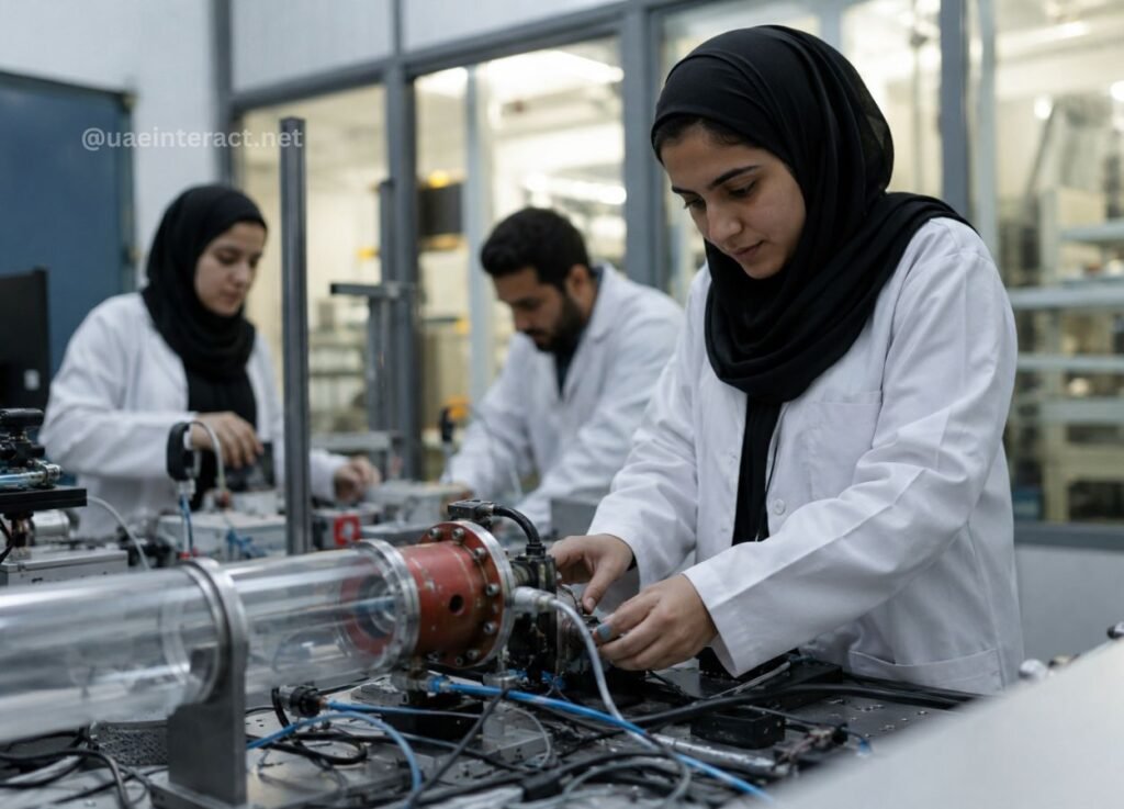 Women scientists in white lab coats work with complex lab equipment and tubing in a modern laboratory.