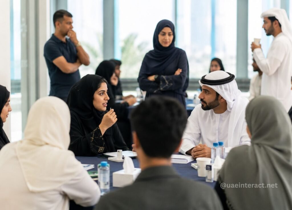 Group of professionals of Middle Eastern background in a meeting around a table; a woman in a black hijab is speaking. (informative)