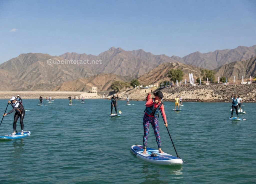 Group of people stand-up paddleboarding on a calm lake with rugged mountains in the distance.