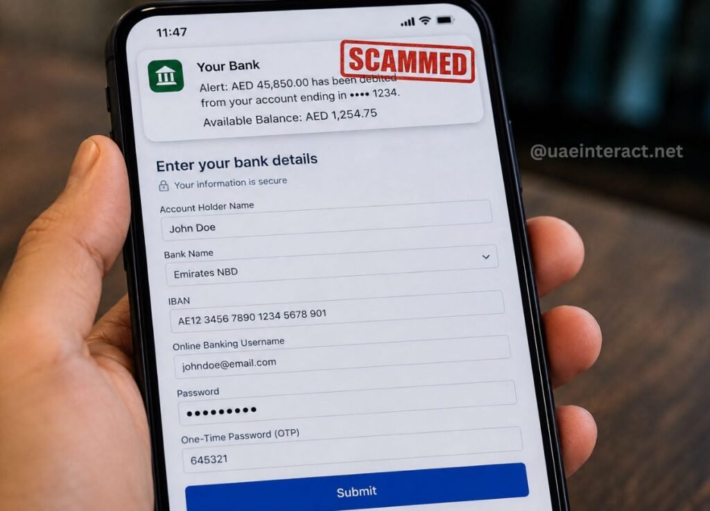 Smartphone screen showing a bank-details form with fields for account holder, bank, IBAN, username, password, and a red SCAMMED stamp across the top, warning of a scam.