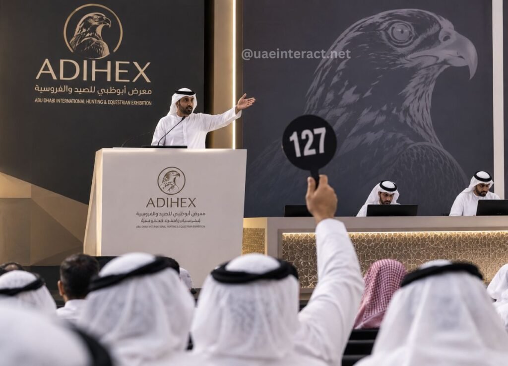 - UAE Interact Man in a white kandura speaks at a podium with the ADIHEX logo while audience members raise a numbered paddle reading 127 against a backdrop of a large eagle artwork.