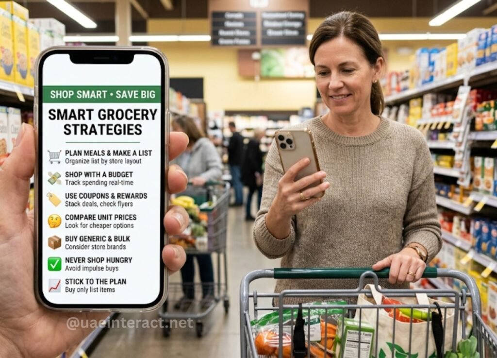 Shoppers in a supermarket; foreground shows a smartphone with smart grocery strategies displayed on screen.