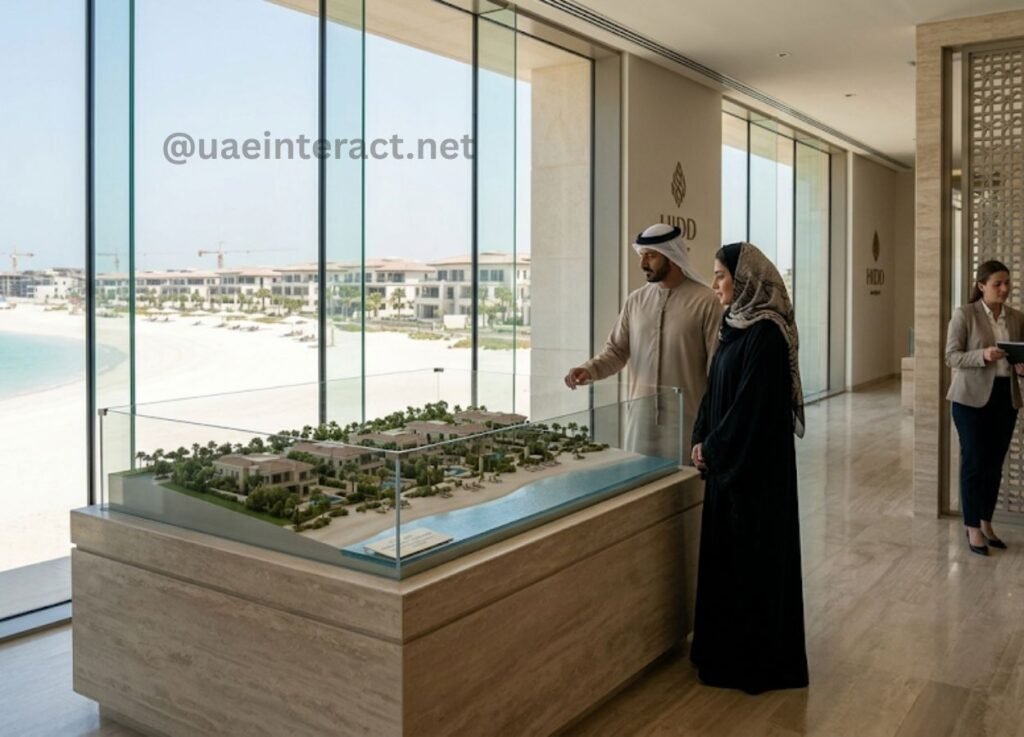 - UAE Interact Couple in traditional UAE dress studies a glass-encased scale model of a beachfront development in a showroom.