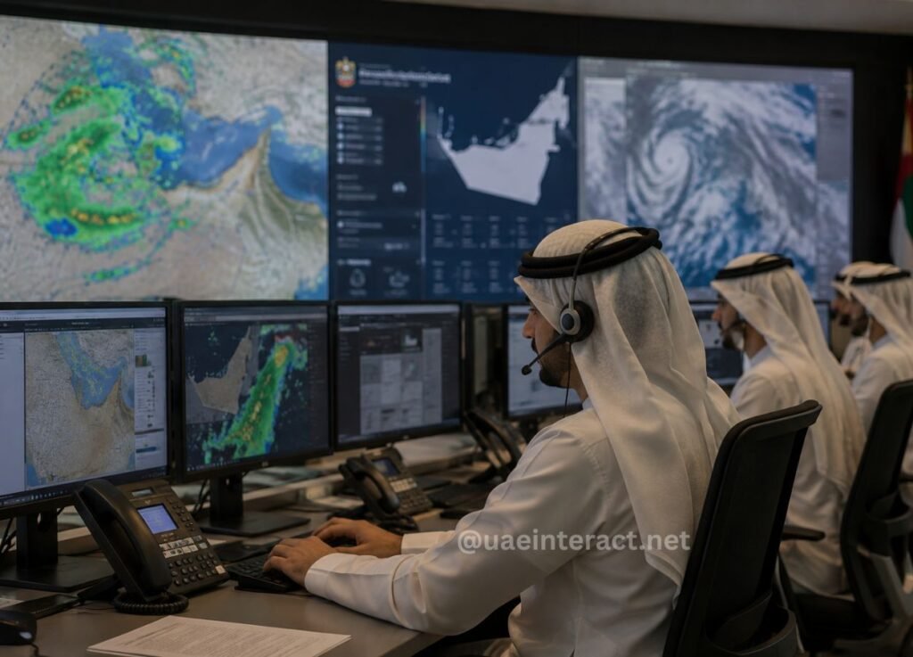 - UAE Interact Operator in traditional dress wearing a headset monitors multiple screens showing storm radar and satellite maps in a weather command center.