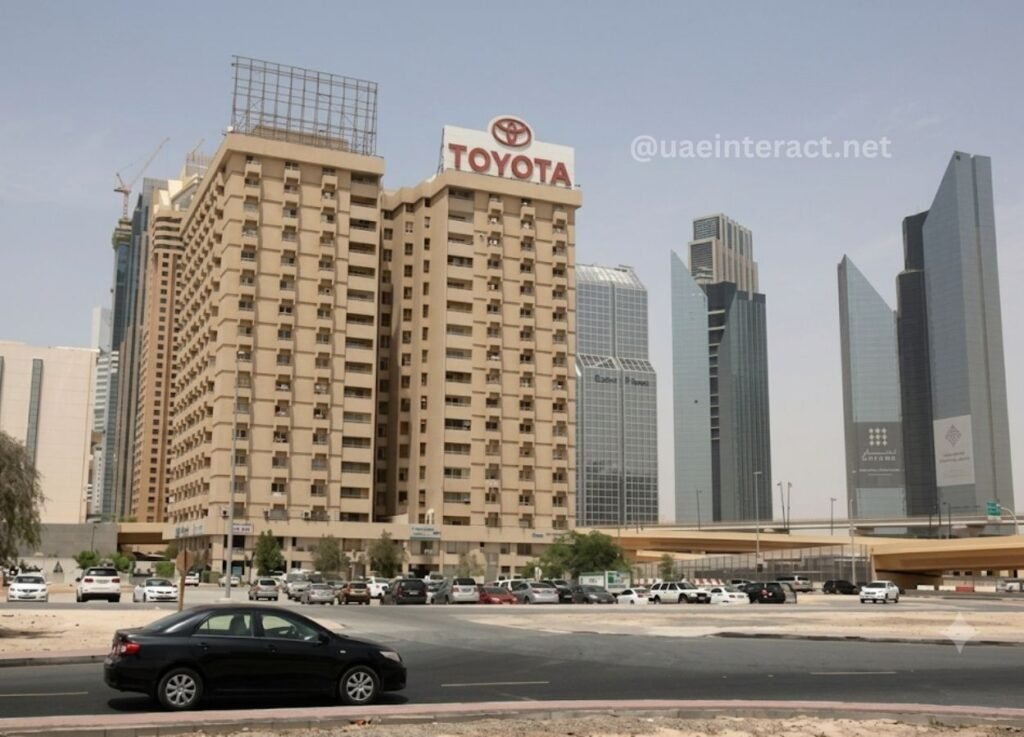 - UAE Interact Beige high-rise with a Toyota sign stands on a busy street, with modern glass skyscrapers rising in the background and cars in the foreground.