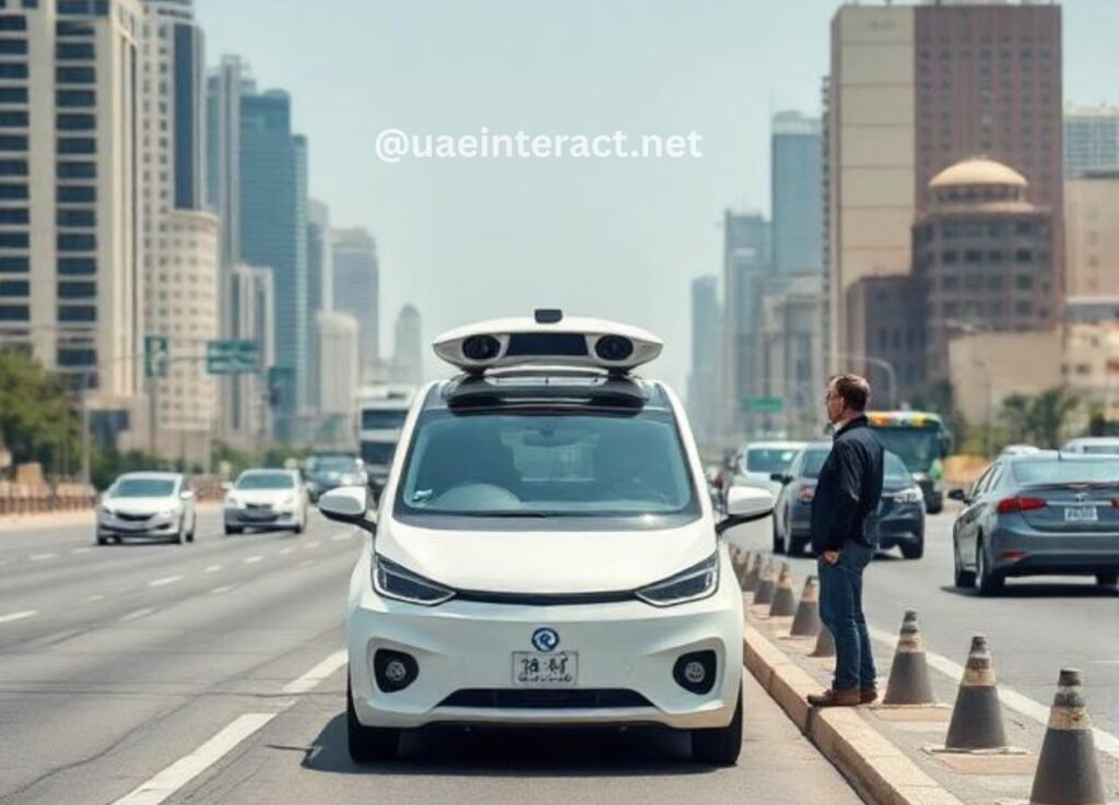 White autonomous vehicle with rooftop sensor pod driving on a city street while a man watches from the curb.