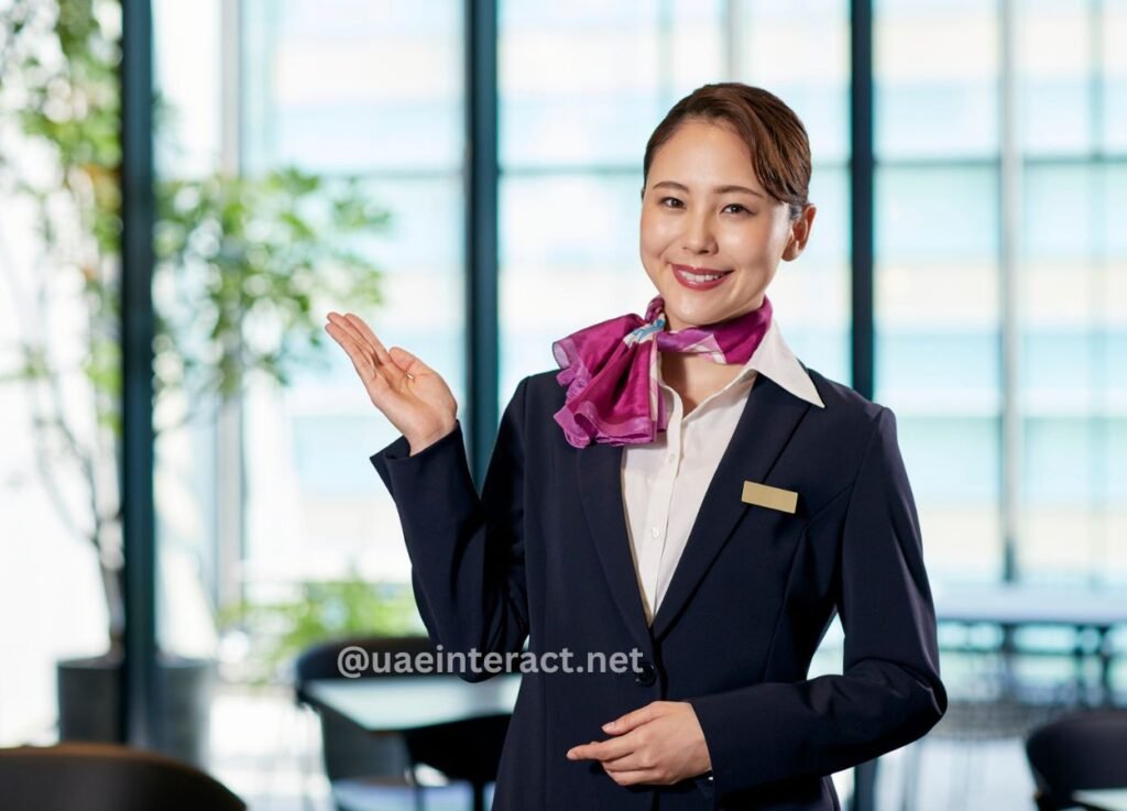 Smiling woman in a navy uniform with a pink scarf waving in a bright, glass-walled lobby.