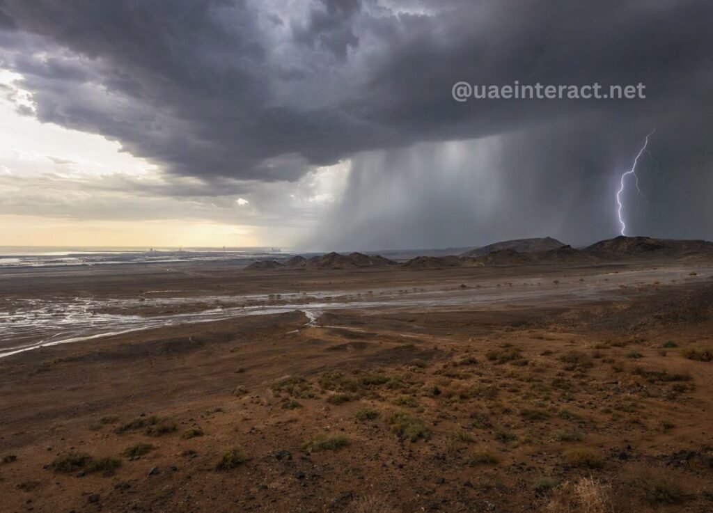 Desert coastline under dark storm clouds with rain falling in a curtain and a bright lightning bolt to the right over distant hills.