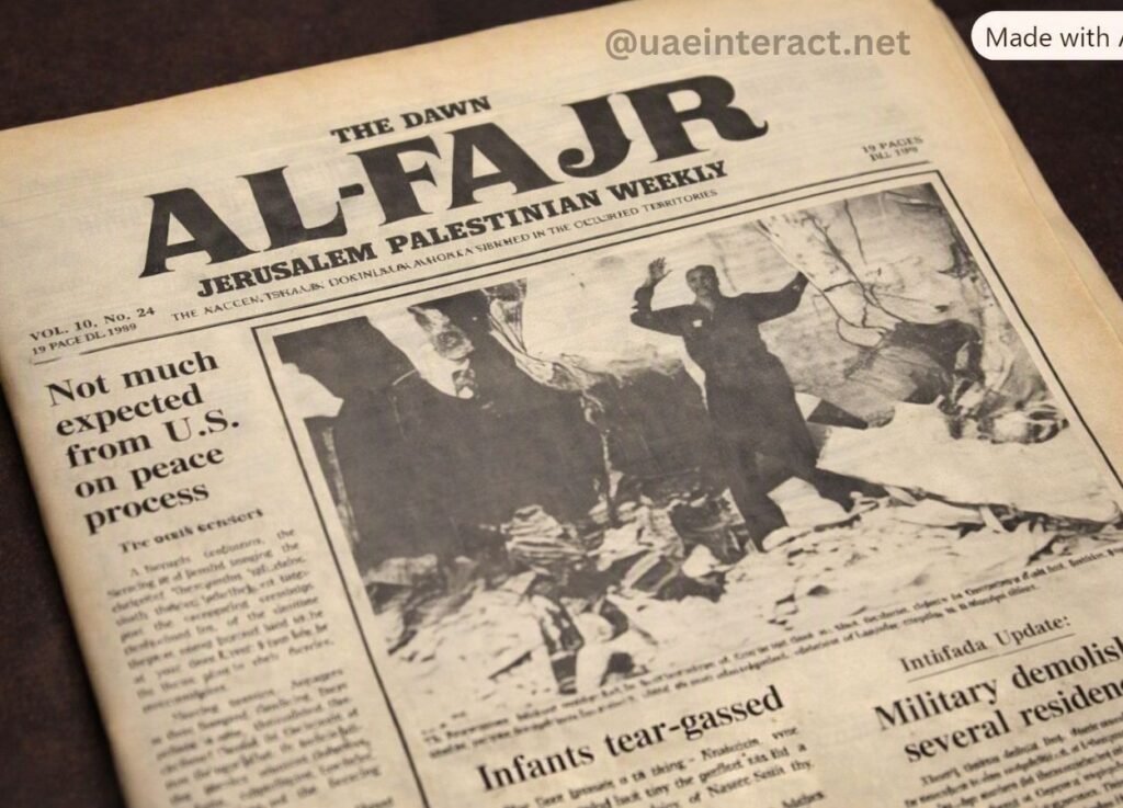 - UAE Interact Front page of a newspaper named Al-Fajr, Jerusalem Palestinian Weekly, with a large black-and-white photo and the headline about not much expected from the U.S. on the peace process.