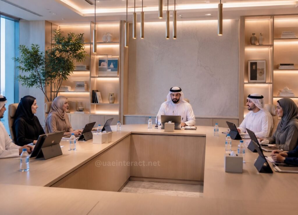9 - UAE Interact Diverse group of professionals seated around a U-shaped conference table in a modern office, man at center leading with a laptop in front of him