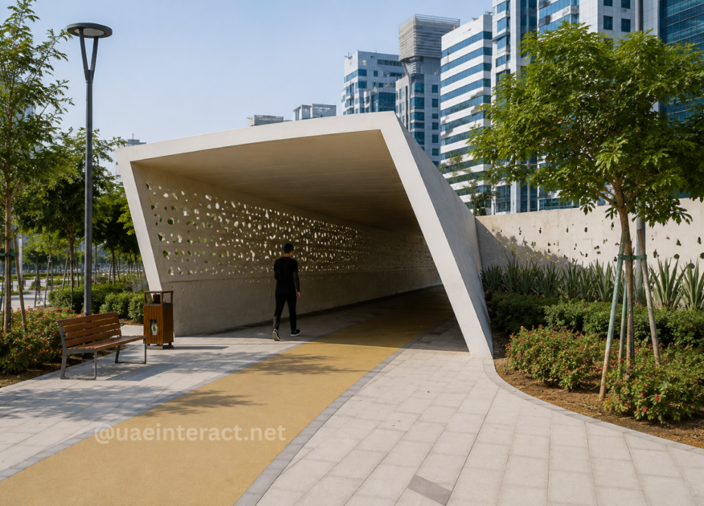 - UAE Interact Man walking through a tilted concrete tunnel with perforated walls in a city park plaza at the edge of tall buildings