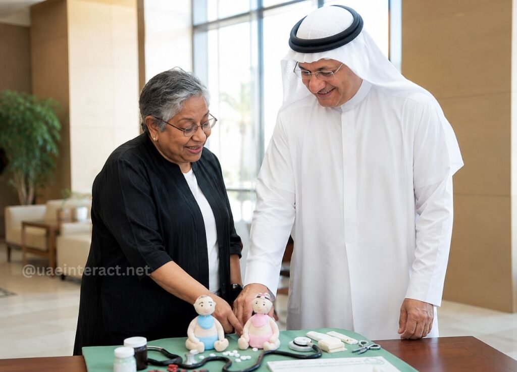 - UAE Interact Two adults, a woman and a man in traditional dress, stand at a table with medical props and small dolls, smiling as they discuss health care tools.