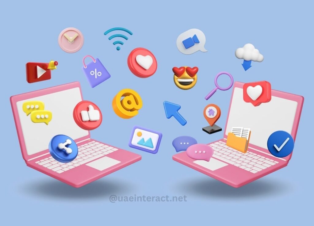 - UAE Interact Two pink laptops float in a blue background with various social media icons, depicting online communication and collaboration.