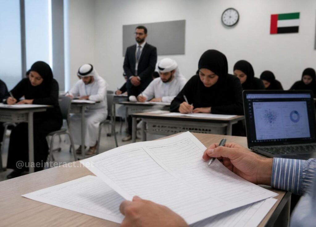 - UAE Interact In a UAE classroom, students in traditional dress sit at desks writing; a person in the foreground reviews papers while a laptop shows charts, with the UAE flag on the wall.