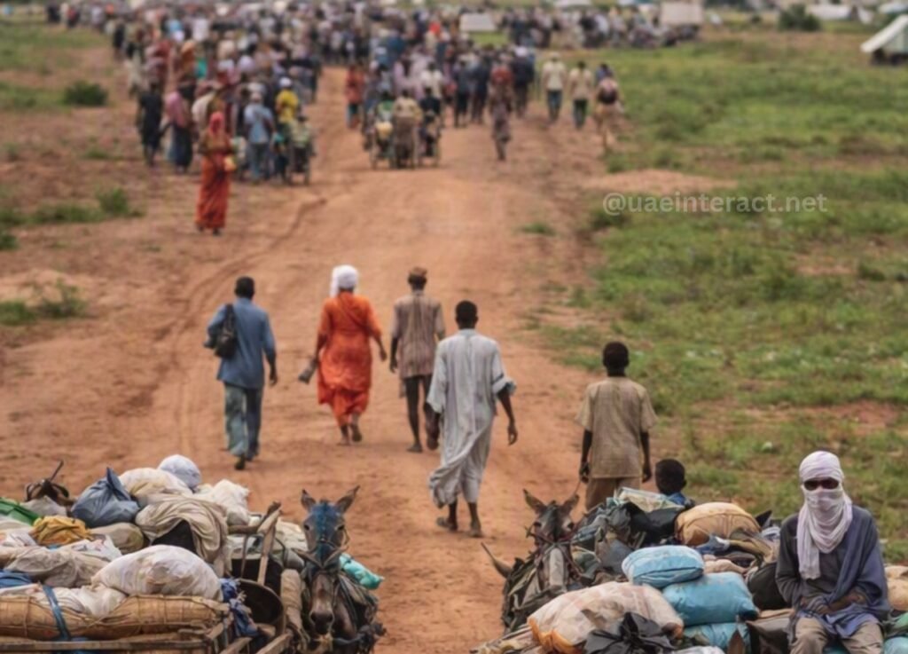 UAE Images - UAE Interact People walking along a dusty rural dirt road, with packed carts and bags loaded on donkeys in the foreground.